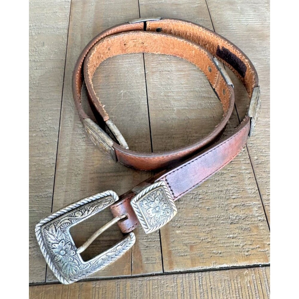Brighton Vintage Western Silver Embossed Hardware Brown Leather Belt Size 32